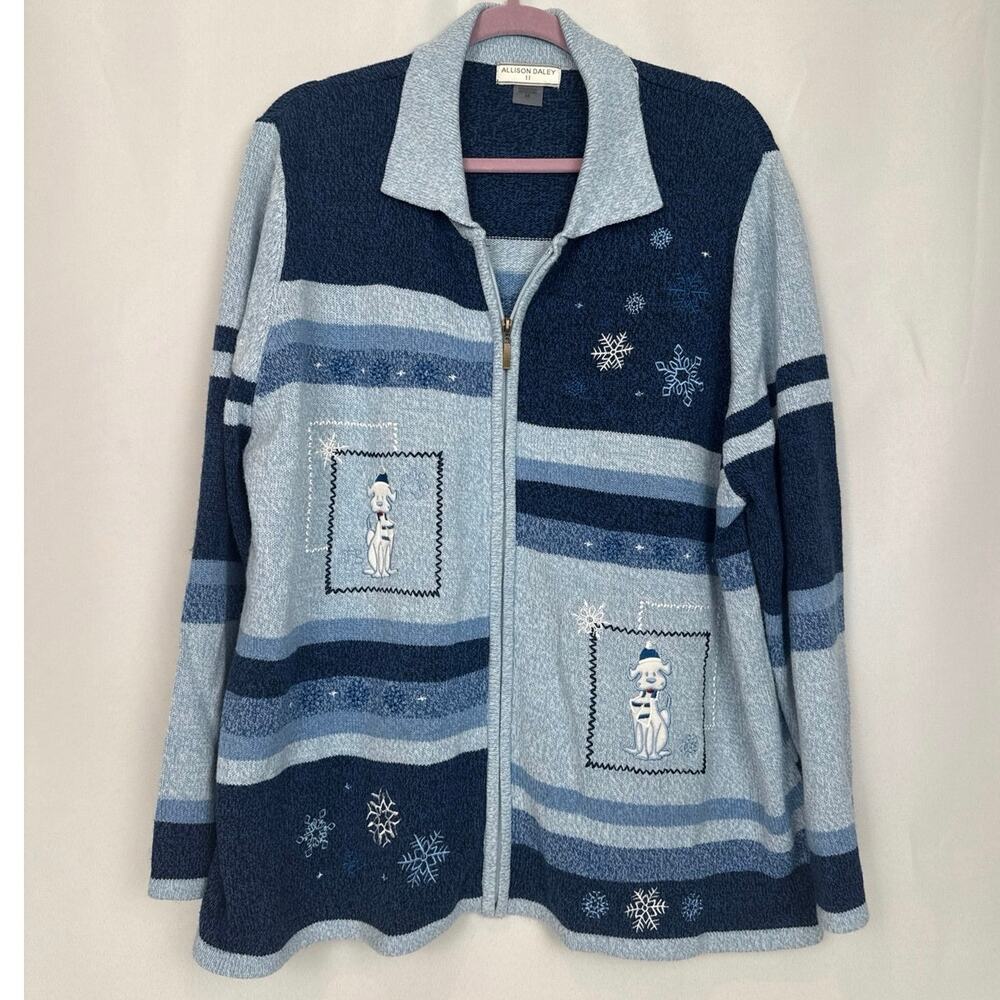 Allison Daley Womens Snowflake Dog Zip Cardigan Size 3X Blue Holiday Granny Chic